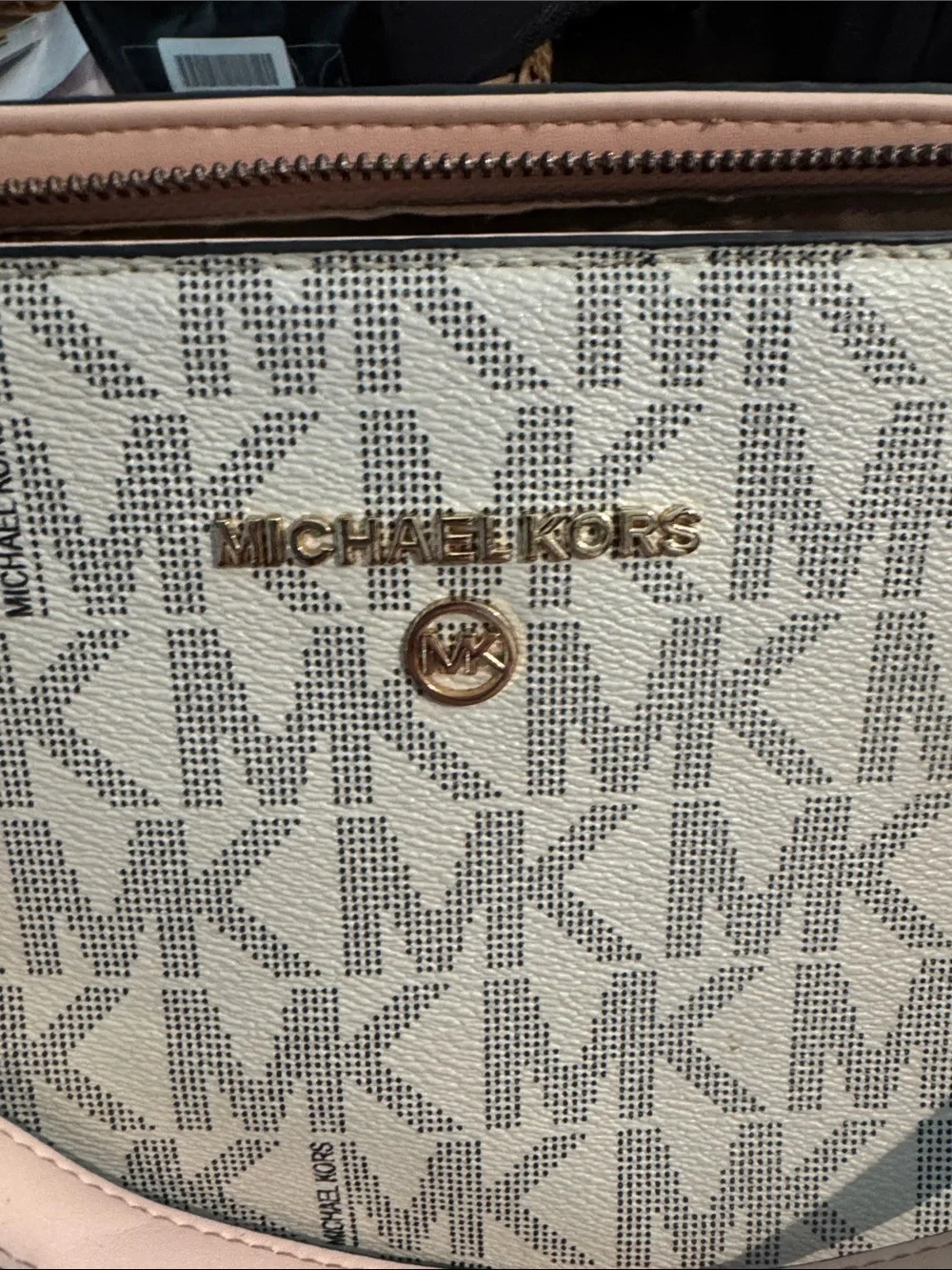 Michael Kors Beige Logo Tote with Pink Trim